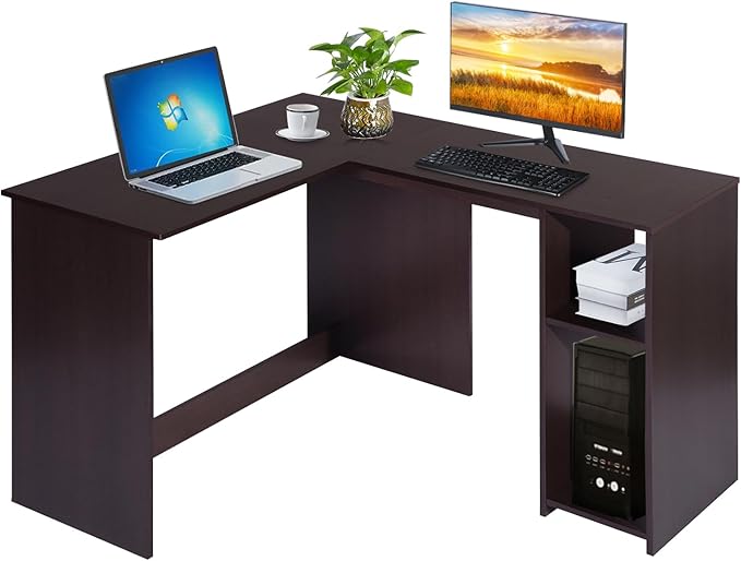 FurnitureR 47.2-Inch L-Shaped Computer Desk Home Office Study Writing Corner Gaming Table Retro Design Work Station Space-Saving for Study Room Bedroom, Brown - LeafyLoom