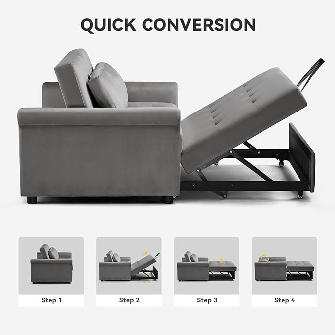 COMHOMA 55" Sleeper Sofa Bed, 3-in-1 Pull Out Couch with Adjustable Backrest and Pillows, Convertible Sleeper Couch for Living Room and Office (Grey) - LeafyLoom