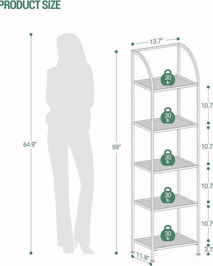 Bookcase Bookshelf, Tempered Glass Arched Bookshelf for More Storage, Slim Shelving Unit for Bedroom, Bathroom, Home Office, Steel Frame, 5 Tier Black BC20599B - LeafyLoom