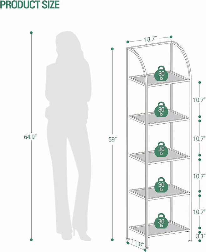 Bookcase Bookshelf, Tempered Glass Arched Bookshelf for More Storage, Slim Shelving Unit for Bedroom, Bathroom, Home Office, Steel Frame, 5 Tier Gold BC20599G - LeafyLoom