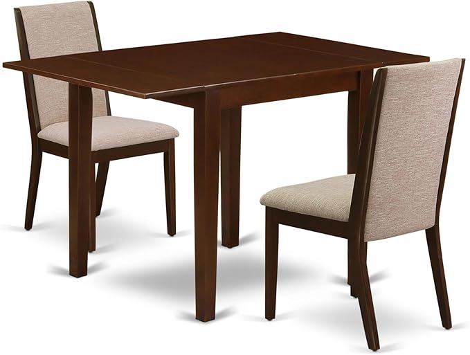 East West Furniture NDLA3-MAH-04 Norden 3 Piece Dining Set Contains a Rectangle Kitchen Table with Dropleaf and 2 Light Tan Linen Fabric Upholstered Chairs, 30x48 Inch, Mahogany - LeafyLoom
