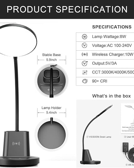 Desk Lamp with Wireless Charger, LED Desk Lamp for Home Office with Pen Holder, Dimmable Eye-Caring Study Desk Light Flexible Arm 3 Color Modes for College Dorm, 800 Lumens CRI 90 - LeafyLoom