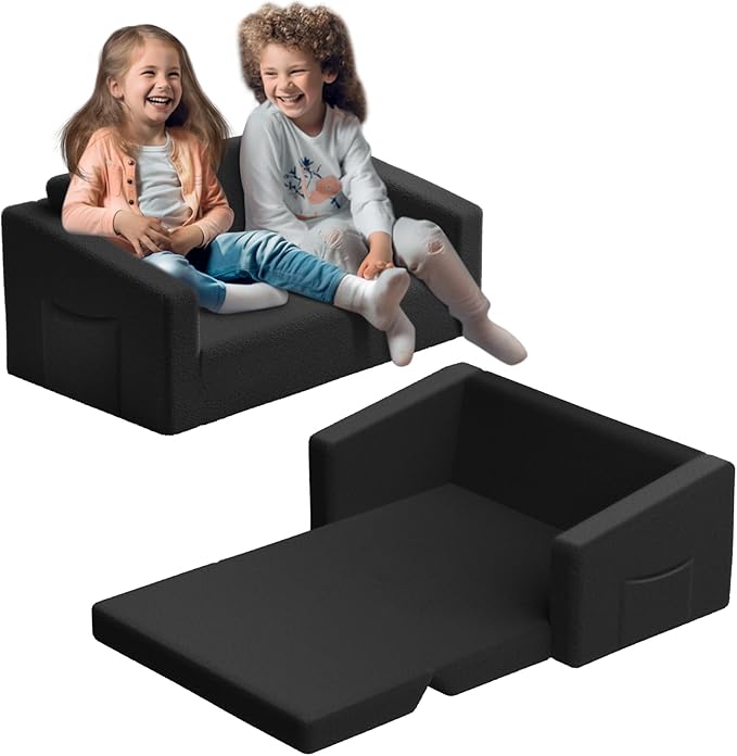 Extra Wide 2 Seater Kids Couch, 2-in-1 Toddler Chairs for Boys & Girls, Kids Sofa with Storage, Comfortable Mini Couch for Kids, Fun Kids Lounge Chair, Toddler Furniture,Children's Gifts(Black) - LeafyLoom