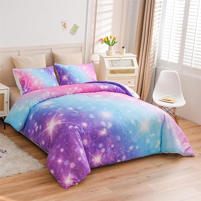 Holawakaka Kids Space Star Glitter Comforter Set Ombre Pink & Blue Print Gradient Bedding Set Twin Size (Pink Lavender, Twin) - LeafyLoom