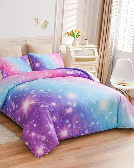 Holawakaka Girls Space Star Rainbow Glitter Comforter Set Ombre Galaxy Print Gradient Reversible Bedding Set Full Size Kids Bed Sets (Pink Lavender, Full) - LeafyLoom