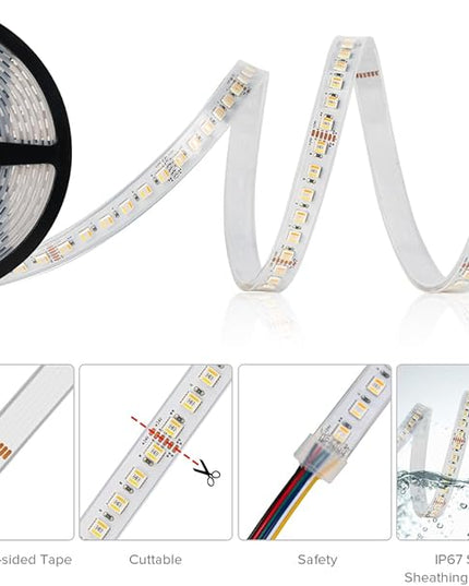 BTF-LIGHTING RGBCCT 5 Colors in 1 LED Tape Lights 5050SMD RGBWW RGB+Dimmable Color Temperature 2700K-6500K 16.4ft 96LED/m 480LED IP67 DC24V White PCB for Home Decoration(No Adapter or Controller) BTF-LIGHTING
