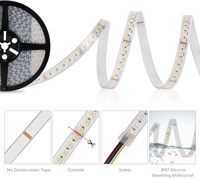 BTF-LIGHTING RGBCCT 5 Colors in 1 LED Tape Lights 5050SMD RGBWW RGB+Dimmable Color Temperature 2700K-6500K 16.4ft 96LED/m 480LED IP67 DC24V White PCB for Home Decoration(No Adapter or Controller) BTF-LIGHTING