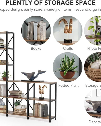 Tribesigns 9 Shelves Bookshelves, Industrial Ladder Corner Etagere Bookcase, Rustic 6-Tier Display Open Shelf Storage Organizer for Living Room - LeafyLoom