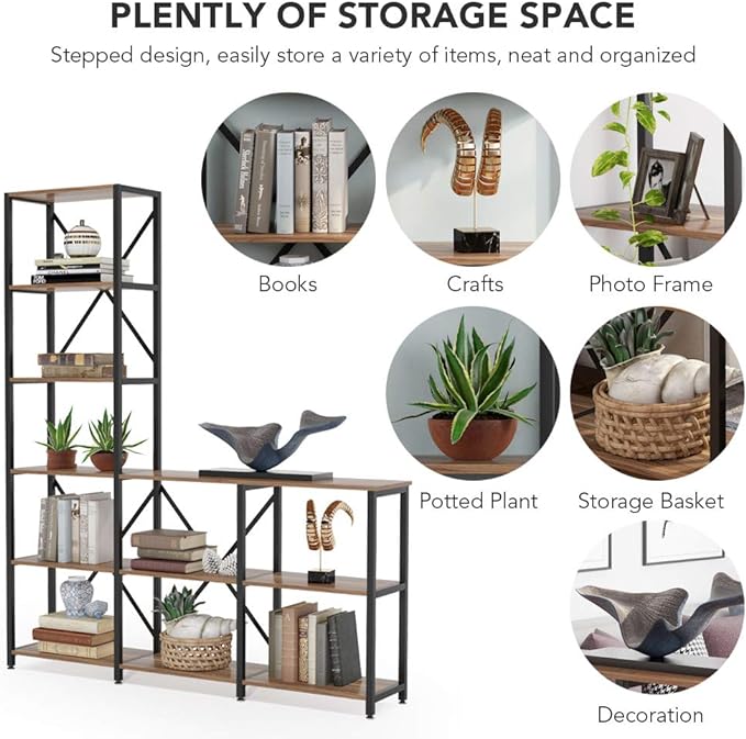 Tribesigns 9 Shelves Bookshelves, Industrial Ladder Corner Etagere Bookcase, Rustic 6-Tier Display Open Shelf Storage Organizer for Living Room - LeafyLoom