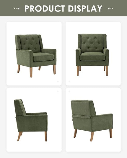 COLAMY Mid-Century Accent Chairs, Modern Wingback Living Room Chair, Upholstered Armchair with Button Tufted Back and Wood Legs for Bedroom/Office/Reading Spaces, Green - LeafyLoom