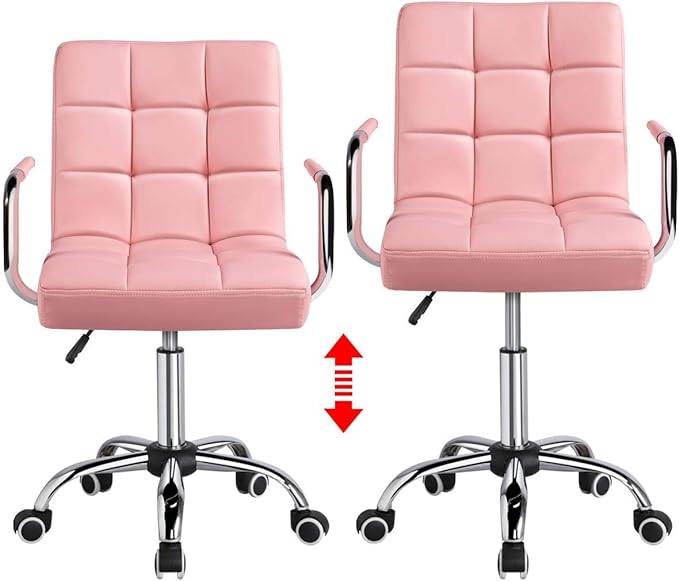 Yaheetech Desk Chairs with Wheels/Armrests Modern PU Leather Office Chair Height Adjustable Home Computer Executive Chair on Wheels 360° Swivel - Pink - LeafyLoom