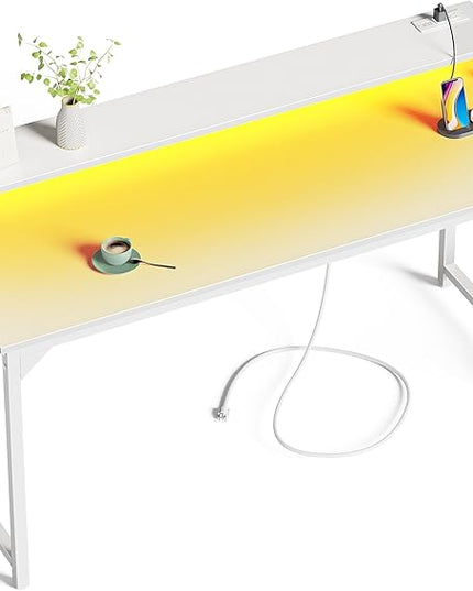 SUPERJARE 55 inch Computer Desk with LED Lights & Power Outlets, Gaming Desk with Monitor Shelf, Small Office Desk for Home & Office, White - LeafyLoom