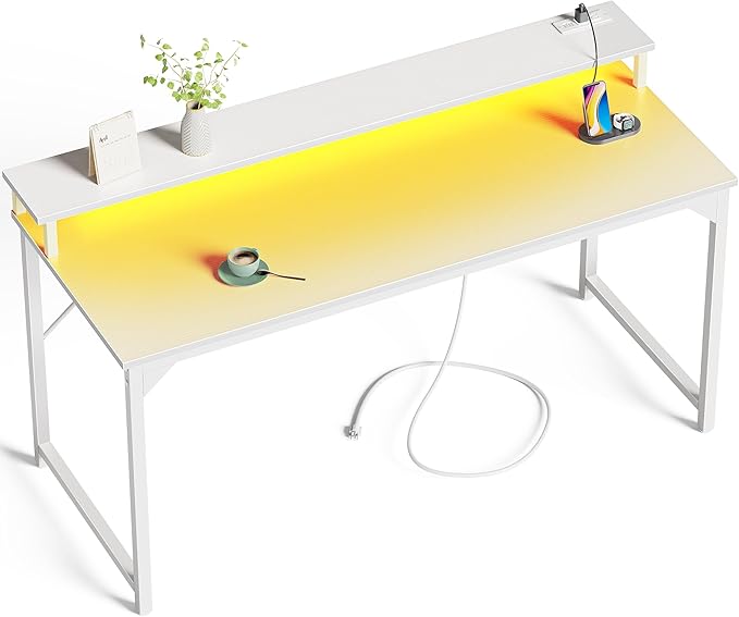 SUPERJARE 55 inch Computer Desk with LED Lights & Power Outlets, Gaming Desk with Monitor Shelf, Small Office Desk for Home & Office, White - LeafyLoom