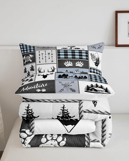 Deer Bear Kids Comforter Set Queen Size,Hunting Adventure Rustic Farmhouse Bedding Set for Boys Girls Adults Room Decor,Geometric Plaid Patchwork Down Comforter,Blue Xmas Duvet Insert,2 Pillowcases - LeafyLoom