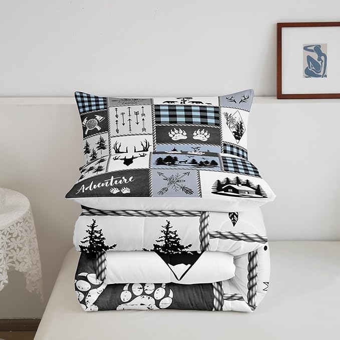 Deer Bear Kids Comforter Set Queen Size,Hunting Adventure Rustic Farmhouse Bedding Set for Boys Girls Adults Room Decor,Geometric Plaid Patchwork Down Comforter,Blue Xmas Duvet Insert,2 Pillowcases - LeafyLoom