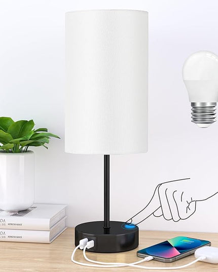 AKASUKI Table Lamp for Bedroom, 3 Way Dimmable Touch Lamp with Dual Charging Station, Small Bedside Lamps for Night Stands, Living Room, Office(LED Bulb Included) - LeafyLoom