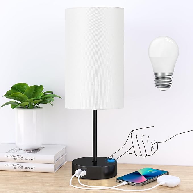 AKASUKI Table Lamp for Bedroom, 3 Way Dimmable Touch Lamp with Dual Charging Station, Small Bedside Lamps for Night Stands, Living Room, Office(LED Bulb Included) - LeafyLoom