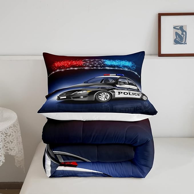 Erosebridal Police Car Comforter Sets Twin Size,Policeman Vehicle Bedding Set for Kids Boys Children,Red Blue Cop Lights Down Comforter Geometric Graphics Duvet Sets Bedroom Decor with 1 Pillow Case - LeafyLoom