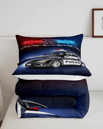Erosebridal Police Car Comforter Sets Queen Size,Policeman Vehicle Bedding Set For Kids Boys Children,Red Blue Cop Lights Down Comforter Geometric Graphics Duvet Sets Bedroom Decor With 2 Pillow Cases - LeafyLoom