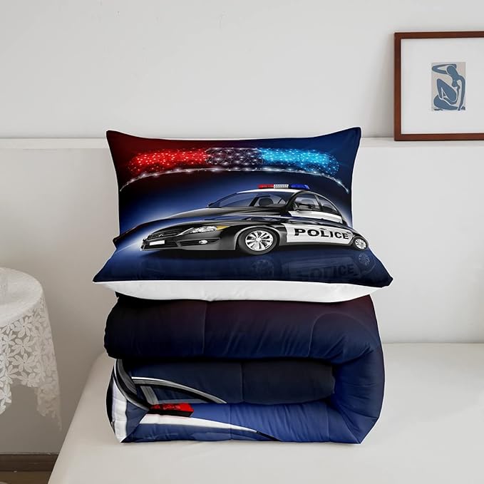 Erosebridal Police Car Comforter Sets Queen Size,Policeman Vehicle Bedding Set For Kids Boys Children,Red Blue Cop Lights Down Comforter Geometric Graphics Duvet Sets Bedroom Decor With 2 Pillow Cases - LeafyLoom