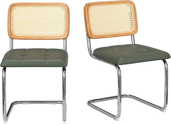 Farini Kitchen Dining Chairs Set of 2,Mid-Century Modern Chair Armless Mesh Backrest Cane Rattan Chairs for Home Dining Room(Blackish Green,PU Leather) - LeafyLoom