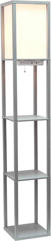 Simple Designs LF1037-GRY Organizer Storage Shelf with 2 Ports, 1 Charging Outlet and Linen Shade USB Etagere Floor Lamp, Gray - LeafyLoom