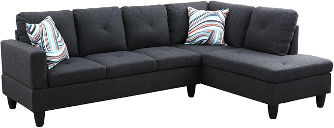 ROOMTEC L Shape Sectional Sofa Set, 5 Seat Upholstered Corner Couch with Storage Ottoman & Right Chaise Lounge, Luxurious Linen Tufted Cushions, for Living Room, Apartment, Black - LeafyLoom