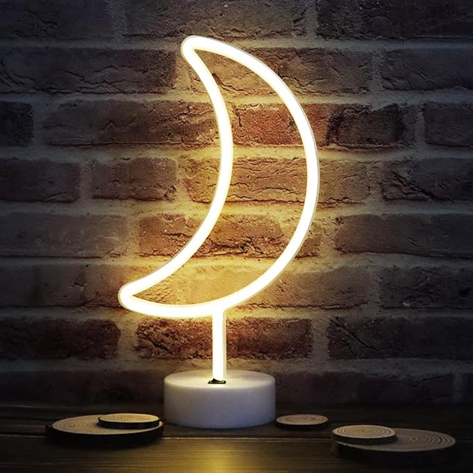 LED Moon Neon Signs, Crescent Night Lights USB Battery Operated Moon Lamp for Birthday Party, Wedding, Halloween, Christmas Decorations-Moon with Holder Base(Warm White) - LeafyLoom
