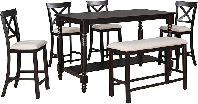 6-Piece Counter Height Dinette Sets Kitchen Dining Table with Shelf, 4 Chairs & Bench w/Soft Cushion, for Diningroom Living Room, Easy to Assemble, Espresso 3 - LeafyLoom
