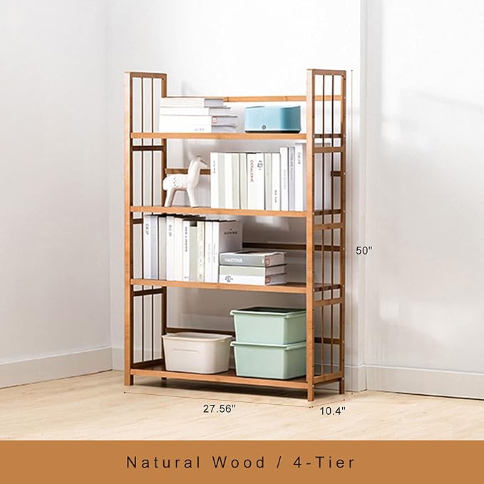 IOTXY Adjustable Bamboo Open Bookshelf - Medium 4-Tier Free Standing Storage Rack, Multifunctional Display Stand for Bookcase, Home and Office, Light Brown - LeafyLoom