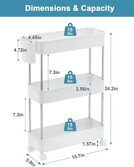 VECELO Storage Cart 3-Tier Utility Rolling Cart,Mobile Shelving Slim Unit Organizers with 360°Wheels Hooks&Hanging Cups for Kitchen Bedroom Bathroom Office Sofa Side in Narrow Places, White - LeafyLoom
