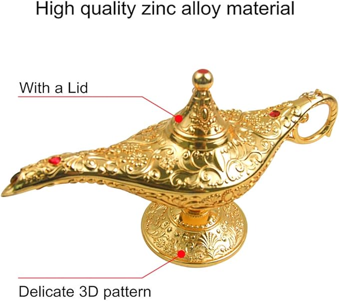 Vintage Legend Aladdin Lamp Magic Genie Wishing Light,Collectable Rare Classic Arabian Costume Props Lamp Tabletop Decor Crafts for Home/Wedding Decoration (Gold) - LeafyLoom
