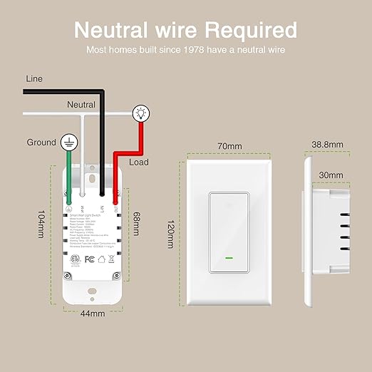 GHome Smart Switch, 2.4Ghz Wi-Fi Light Switch Compatible with Alexa, Google Home, Neutral Wire Required, Single-Pole,UL Certified,Voice Control and Timer, No Hub Required,1 Pack, White (SW5) GhomeSmart