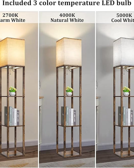 Dott Arts Floor Lamp with Shelves, 3 Color Temperature LED Bulb, Wood Texture, Storage, Brown - LeafyLoom