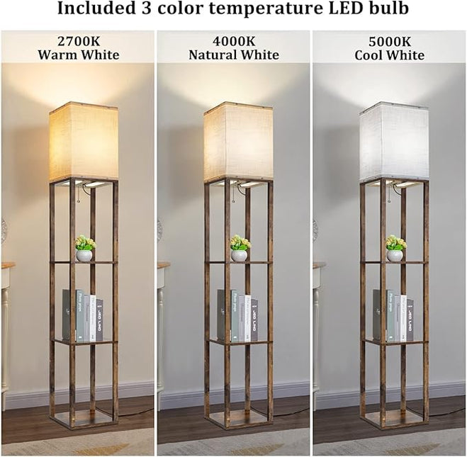 Dott Arts Floor Lamp with Shelves, 3 Color Temperature LED Bulb, Wood Texture, Storage, Brown - LeafyLoom