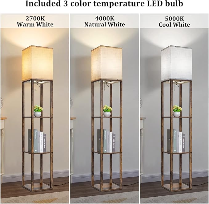 Dott Arts Floor Lamp with Shelves, 3 Color Temperature LED Bulb, Wood Texture, Storage, Brown - LeafyLoom