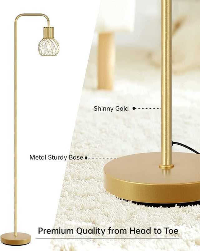 Brass Gold Floor Lamp for Living Room, Modern Industrial Standing Lamp with 6W LED Bulb, Foot Switch, Metal Tall Stand Up Lamp, Minimalist Farmhouse Boho Pole Lamp for Bedroom, Office, Vintage, Rustic - LeafyLoom