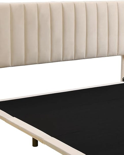 RITSU Queen Size Upholstered Floating Velvet Platform Bed with Sensor Light and Headboard, Plywood & Solid Bedframe, for Apartment Bedroom, No Need for Box Springs, Beige - LeafyLoom