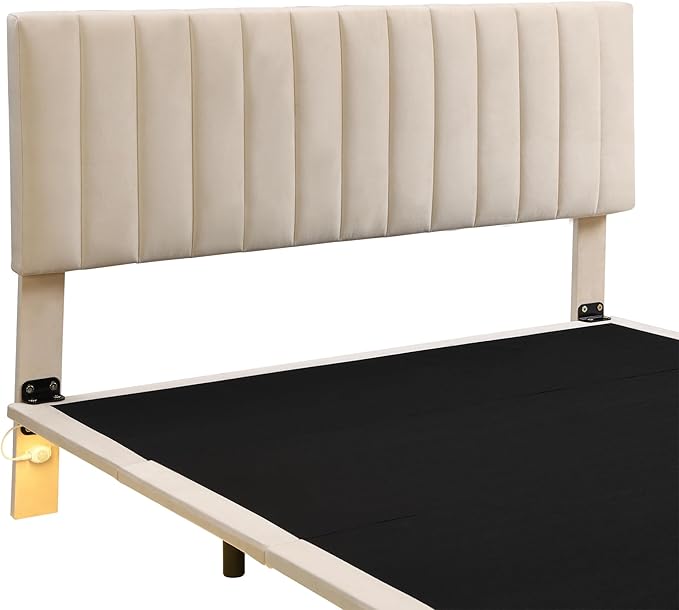 RITSU Queen Size Upholstered Floating Velvet Platform Bed with Sensor Light and Headboard, Plywood & Solid Bedframe, for Apartment Bedroom, No Need for Box Springs, Beige - LeafyLoom