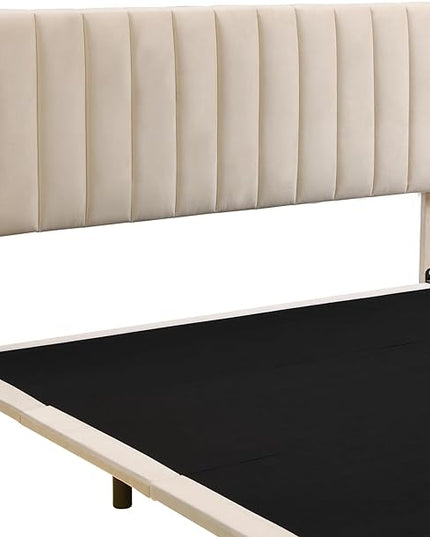 Queen Size Floating Sensor Light and Headboard, Velvet Platform Bed for Kids Girls Boys Teens Adults,No Box Spring Needed,Beige - LeafyLoom