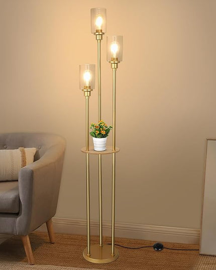 HMVPL Floor Lamps for Living Room, Gold Floor Lamp with Shelves, 3-Lights Modern Brass Standing Lamp with Glass Shades, On/Off Foot Switch, Mid Century Tall Lamp for Bedroom Corner Office(66") - LeafyLoom