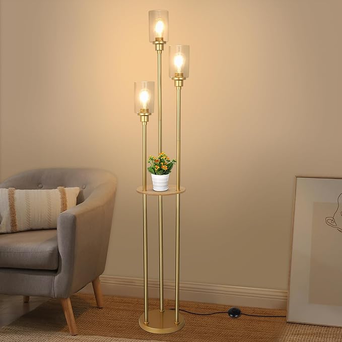 HMVPL Floor Lamps for Living Room, Gold Floor Lamp with Shelves, 3-Lights Modern Brass Standing Lamp with Glass Shades, On/Off Foot Switch, Mid Century Tall Lamp for Bedroom Corner Office(66") - LeafyLoom
