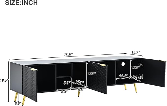 Merax Modern Minimalist Geometric TV Stand with Metal Handles and Gold Legs for Televisions Up to 80'' Multi-Functional Storage Cabinet, Entertainment Center for Living Room, 70.80" Length, Black - LeafyLoom