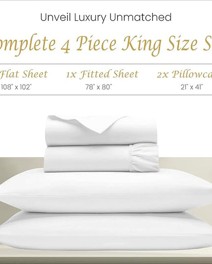 Bluemoon Homes King Size Egyptian Cotton Sheets,1000 Thread Count, 4Pc King Size Sheets Set, Smooth Sateen Weave King Sheets, 18" Deep Pocket, Ultra Luxury Sheets, King Sheet Set - White Sheets - LeafyLoom