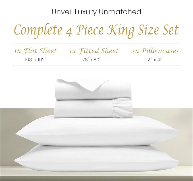 Bluemoon Homes King Size Egyptian Cotton Sheets,1000 Thread Count, 4Pc King Size Sheets Set, Smooth Sateen Weave King Sheets, 18" Deep Pocket, Ultra Luxury Sheets, King Sheet Set - White Sheets - LeafyLoom