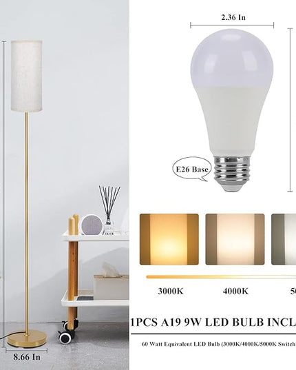 Boostarea Floor Lamp for Living Room with 3 Color Temperatures Bulb, Industrial Floor Lamps, Gold Classic Tall Lamp for Office, Standing Lamps for Bedroom, Kids Room, Reading(9W LED Bulb, Linen Shade) - LeafyLoom