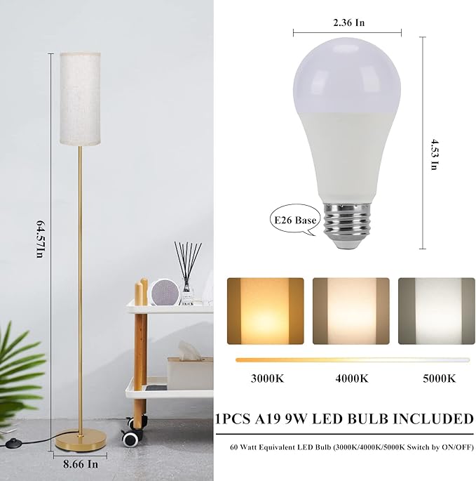 Boostarea Floor Lamp for Living Room with 3 Color Temperatures Bulb, Industrial Floor Lamps, Gold Classic Tall Lamp for Office, Standing Lamps for Bedroom, Kids Room, Reading(9W LED Bulb, Linen Shade) - LeafyLoom