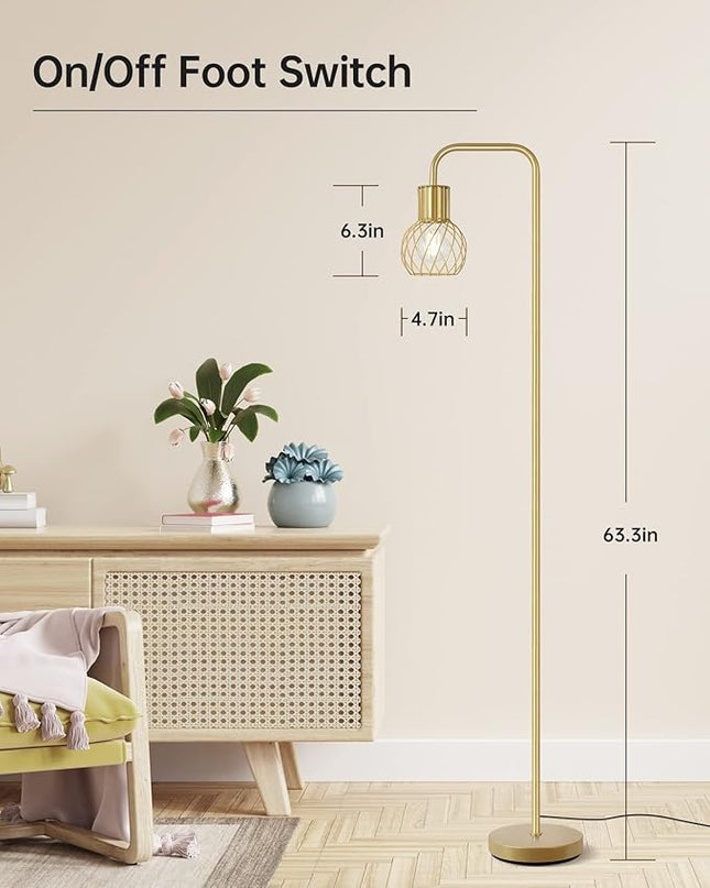 Brass Gold Floor Lamp for Living Room, Modern Industrial Standing Lamp with 6W LED Bulb, Foot Switch, Metal Tall Stand Up Lamp, Minimalist Farmhouse Boho Pole Lamp for Bedroom, Office, Vintage, Rustic - LeafyLoom