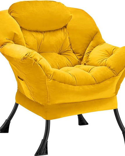 Fabric Lazy Chair Large Accent Chair,Velvet Frabic Modern Lounge Reading Chair with Armrests & Side Pocket,Upholstered Armchair for Living Room,Bedroom,Dorm,Yellow - LeafyLoom
