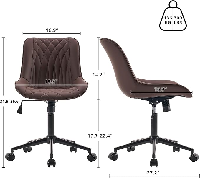 YOUNIKE Desk Chair with Wheels Armless Office Chair Swivel Rolling Task Chair with Back Upholstered Faux Leather Computer Chair Height Adjustable Modern Ergonomic Seat, Loads 300 lbs, Brown - LeafyLoom